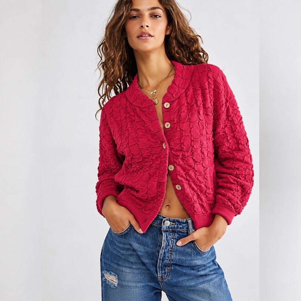 Free People Beach Sunny Sweater Bomber Raspberry Pink XS Cardigan NWT